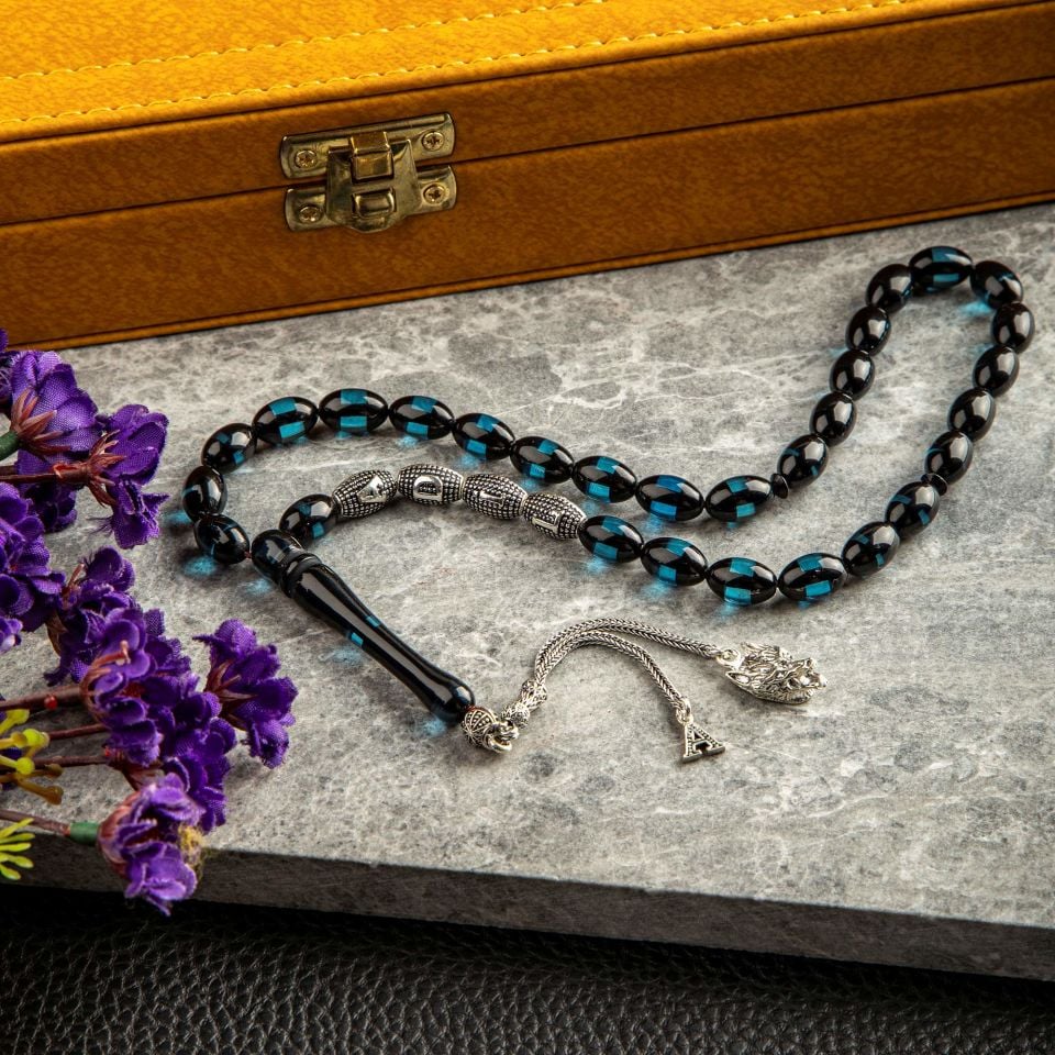 MAVİ SÜRMELİ GÜMÜŞ PÜSKÜLLÜ İSİME ÖZEL TESPİH