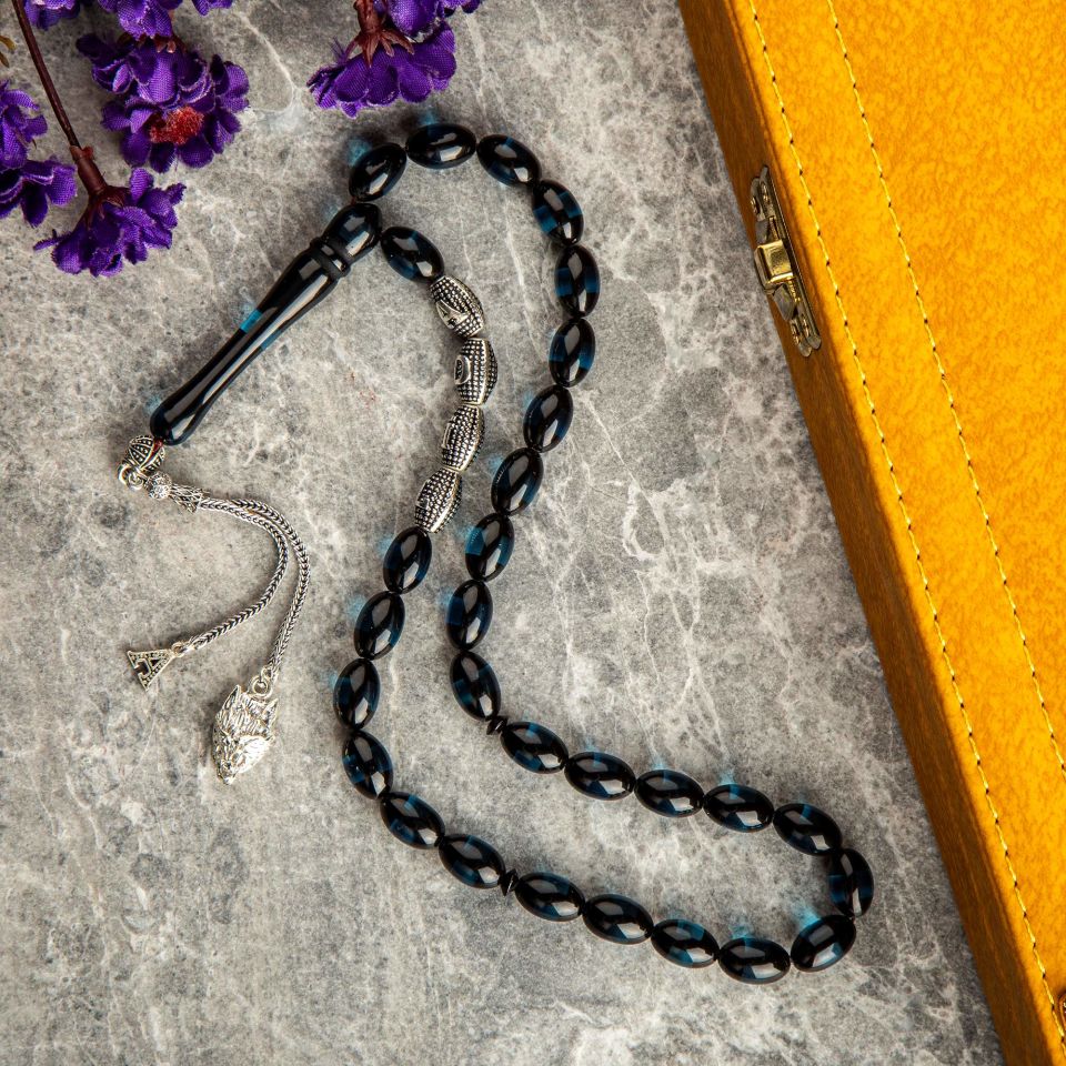 MAVİ SÜRMELİ GÜMÜŞ PÜSKÜLLÜ İSİME ÖZEL TESPİH