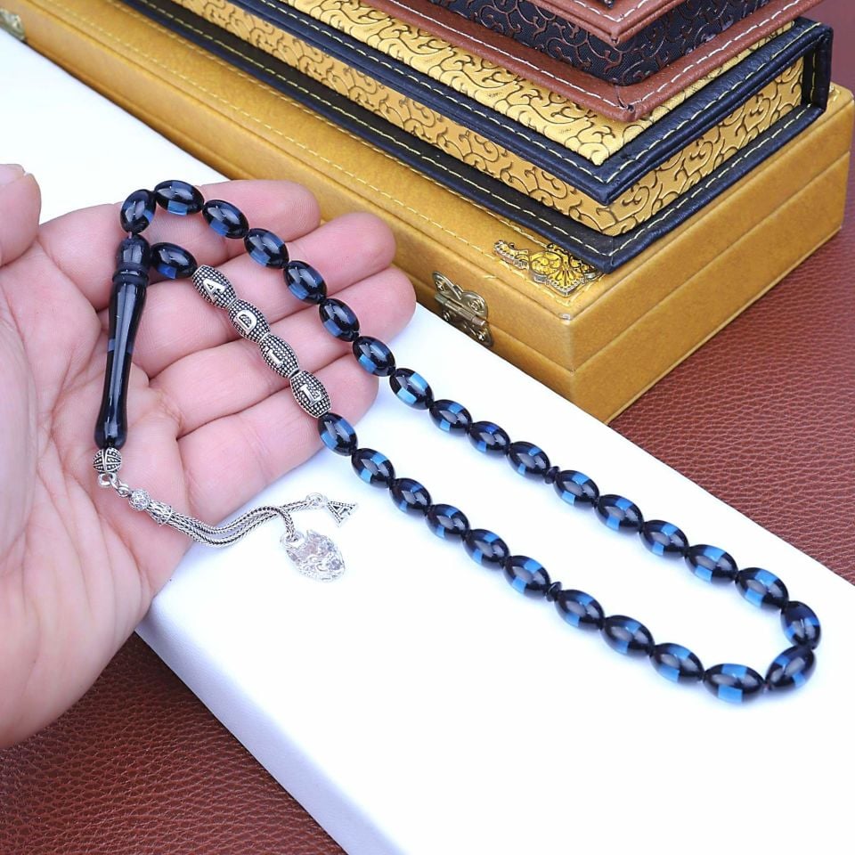 MAVİ SÜRMELİ GÜMÜŞ PÜSKÜLLÜ İSİME ÖZEL TESPİH