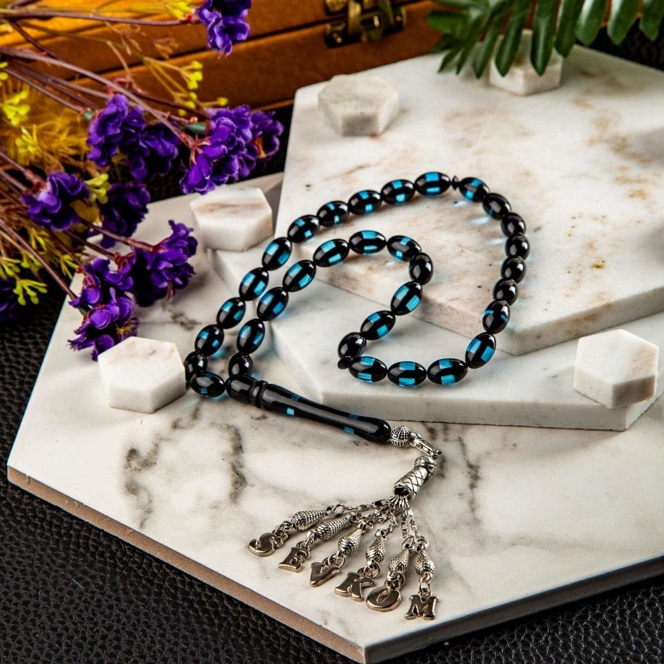 MAVİ SÜRMELİ İSİM PÜSKÜLLÜ TASARIM TESPİH