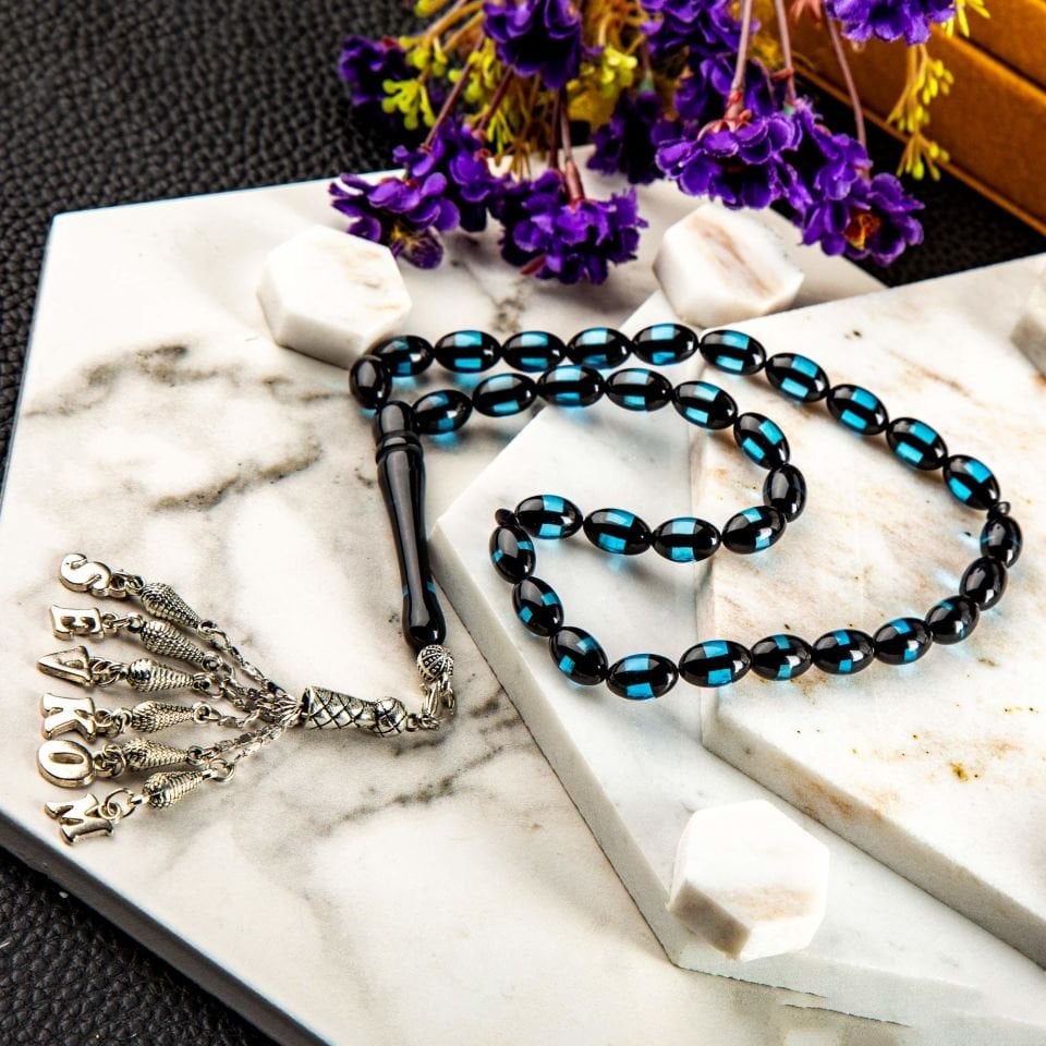 MAVİ SÜRMELİ İSİM PÜSKÜLLÜ TASARIM TESPİH