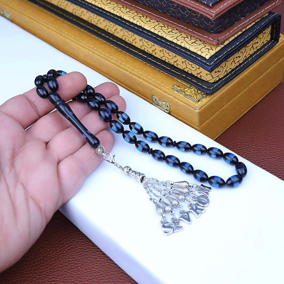 MAVİ SÜRMELİ İSİM PÜSKÜLLÜ TASARIM TESPİH