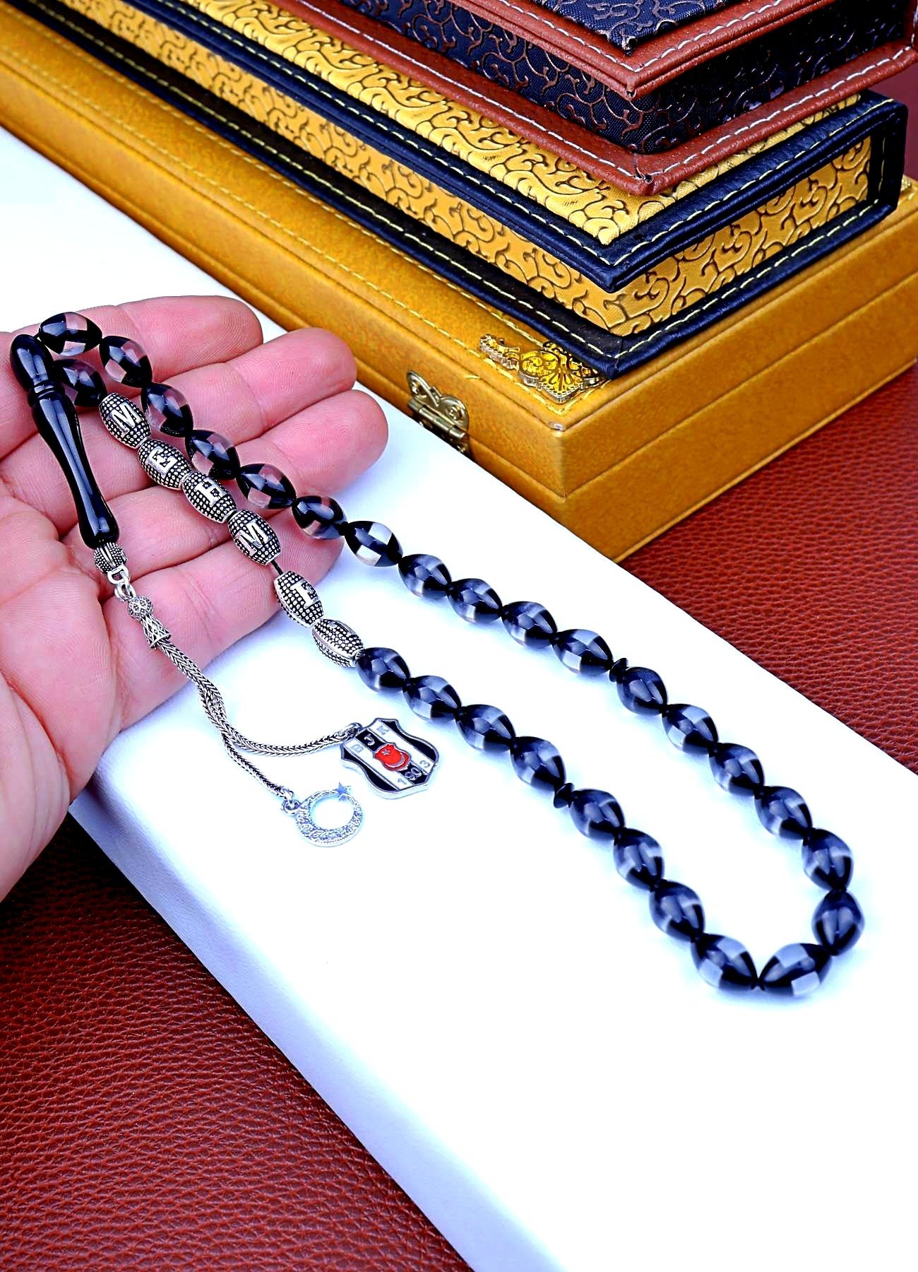 BEŞİKTAŞ SÜRMELİ KEHRİBAR GÜMÜŞ İSİMLİ TASARIM TESPİH