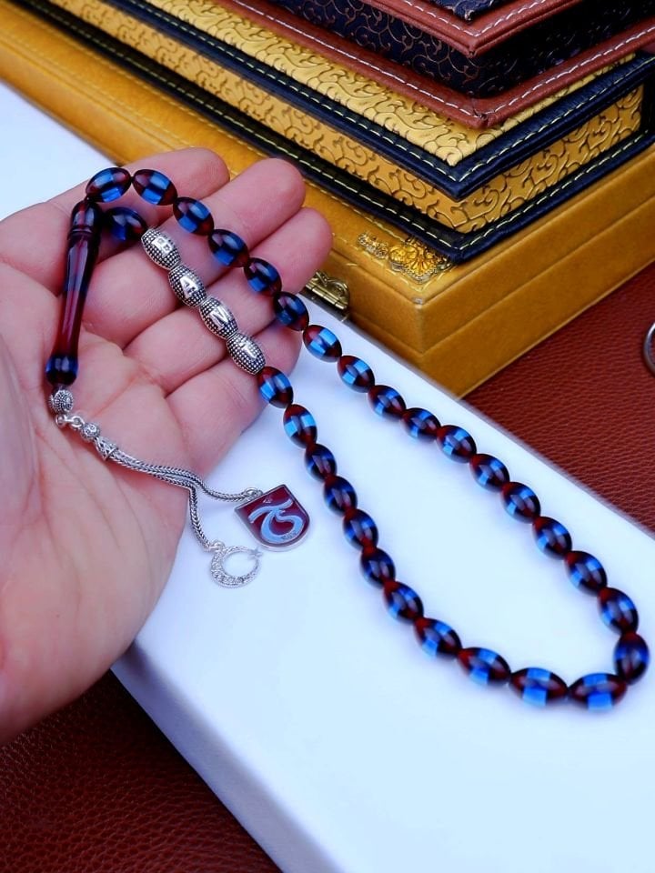 BORDO MAVİ SÜRMELİ KEHRİBAR GÜMÜŞ PÜSKÜLLÜ KİŞİYE ÖZEL  TESPİH