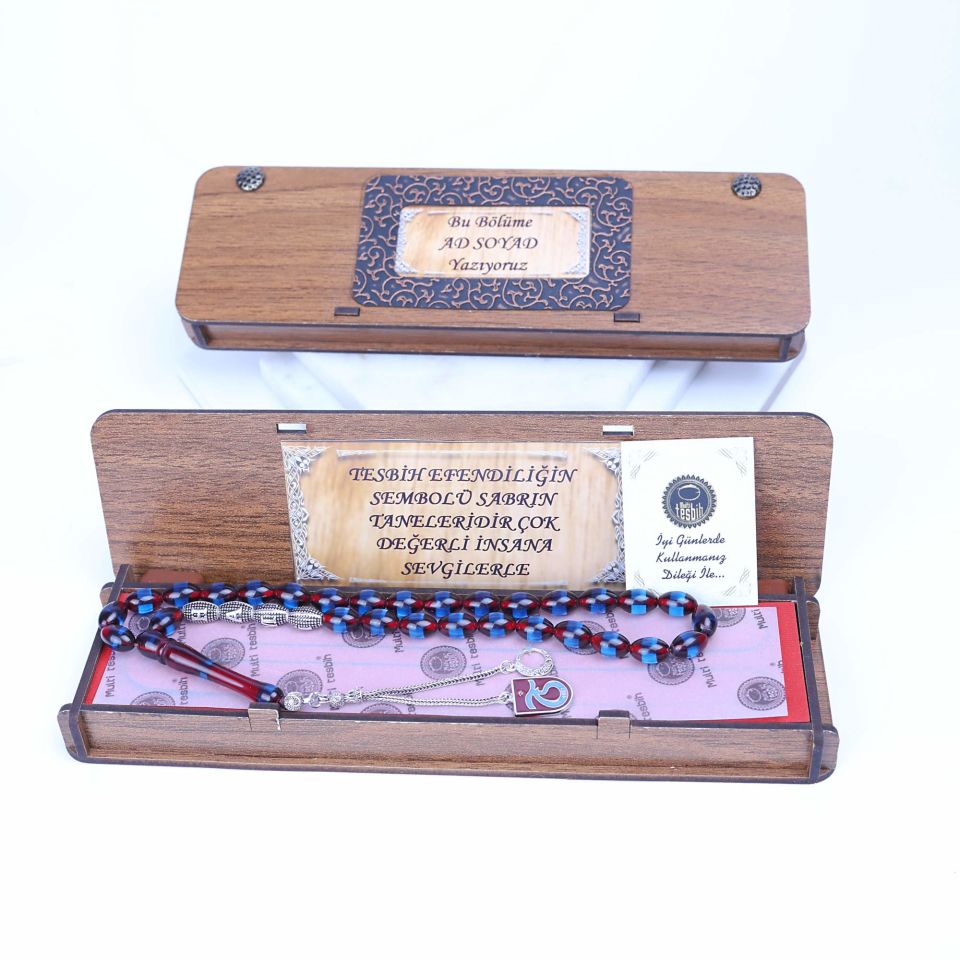 BORDO MAVİ SÜRMELİ KEHRİBAR GÜMÜŞ PÜSKÜLLÜ KİŞİYE ÖZEL  TESPİH