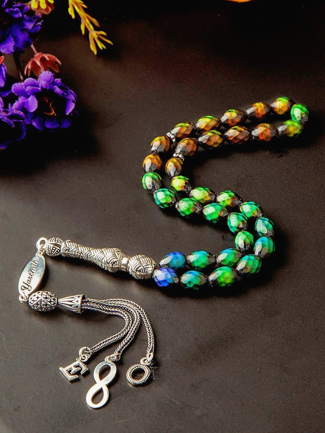 HİS TAŞI KİŞİYE ÖZEL GÜMÜŞ PÜSKÜLLÜ TASARIM TESPİH ( Kişi enerjisine göre 12 renk değiştiren dogaltaştır)