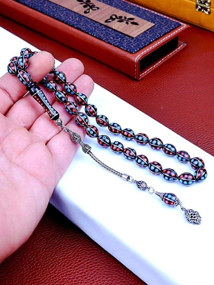 ERZURUM OLTU TAŞI MERCAN, FİRUZE VE GÜMÜŞ İŞLEMELİ ÖZEL ÜRETİM TESPİH