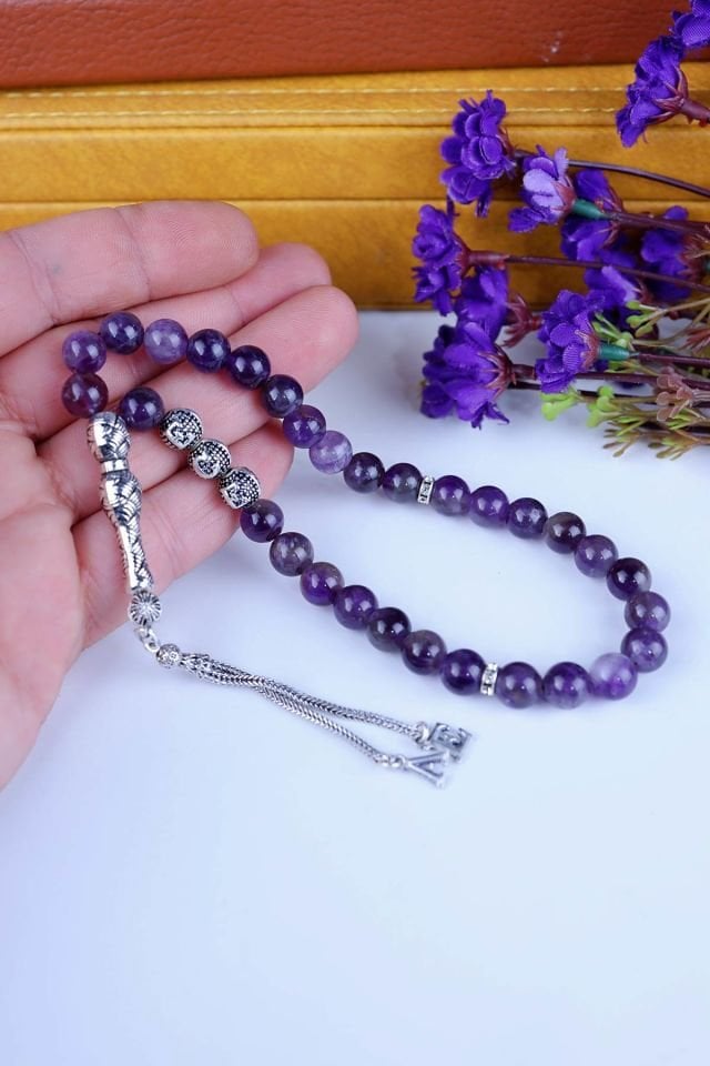 AMETİST TAŞI KİŞİYE ÖZEL TANELERİNE İSİM VE GÜMÜŞ İSİM PÜSKÜLLÜ TESPİH