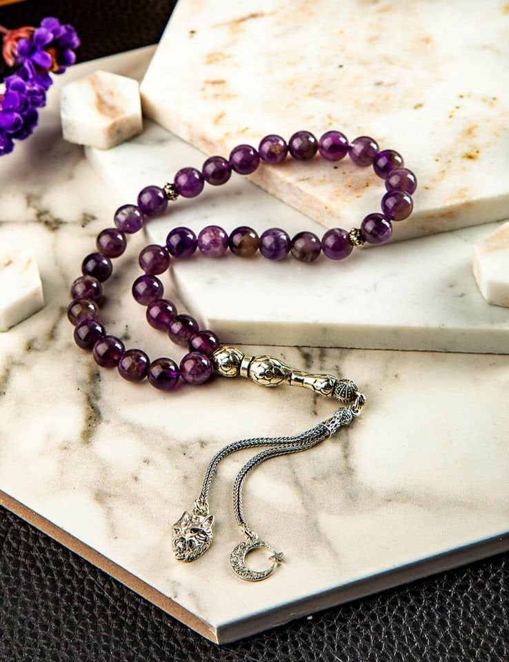 AMETİST TAŞI KİŞİYE ÖZEL GÜMÜŞ İSİM PÜSKÜLLÜ TESPİH