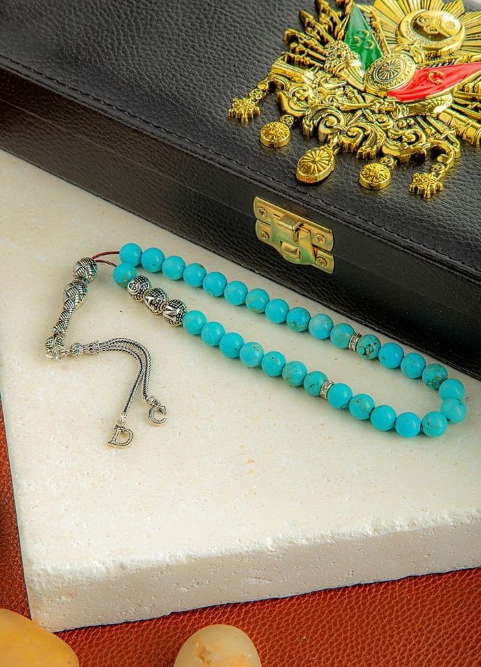 FİRUZE DOĞALTAŞ KİŞİYE ÖZEL  İSİMLİ GÜMÜŞ  PÜSKÜLLÜ TESPİH