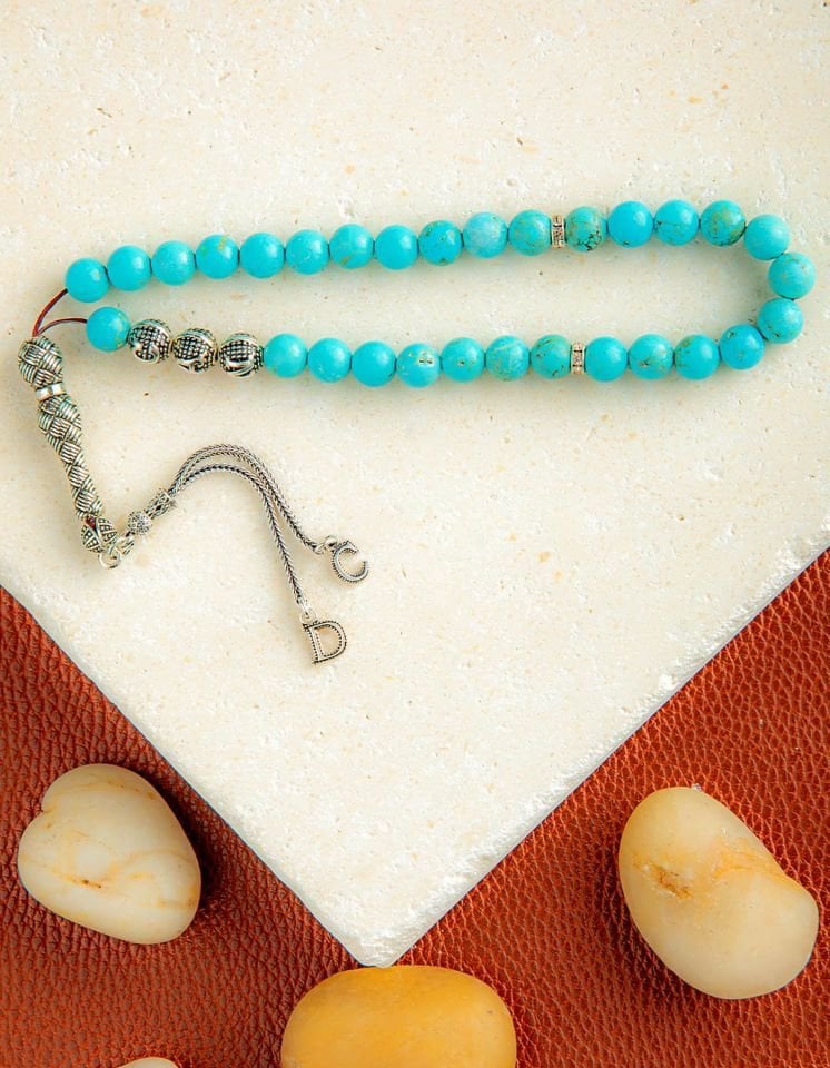 FİRUZE DOĞALTAŞ KİŞİYE ÖZEL  İSİMLİ GÜMÜŞ  PÜSKÜLLÜ TESPİH