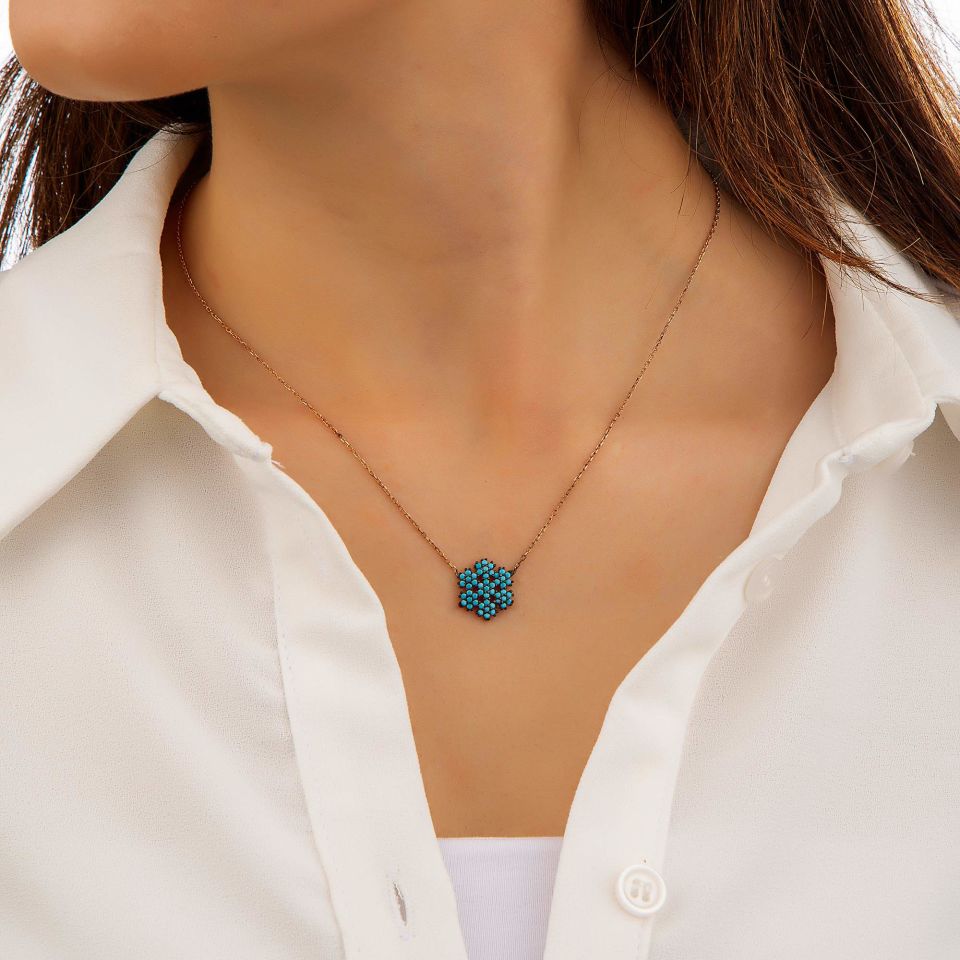 FİRUZE TAŞLI KAR TANESİ BAYAN  GÜMÜŞ KOLYE