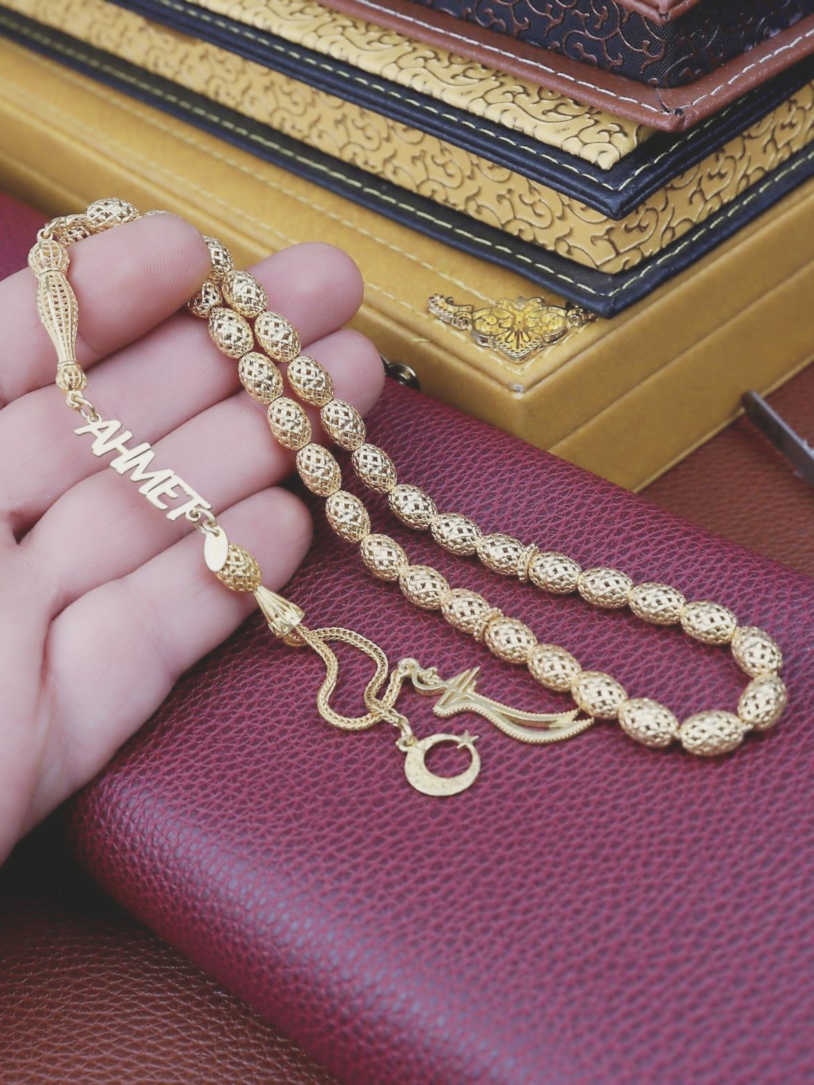 24K ALTIN KAPLAMA KİŞİYE ÖZEL  İSİMLİ KOMPLE GÜMÜŞ TESPİH