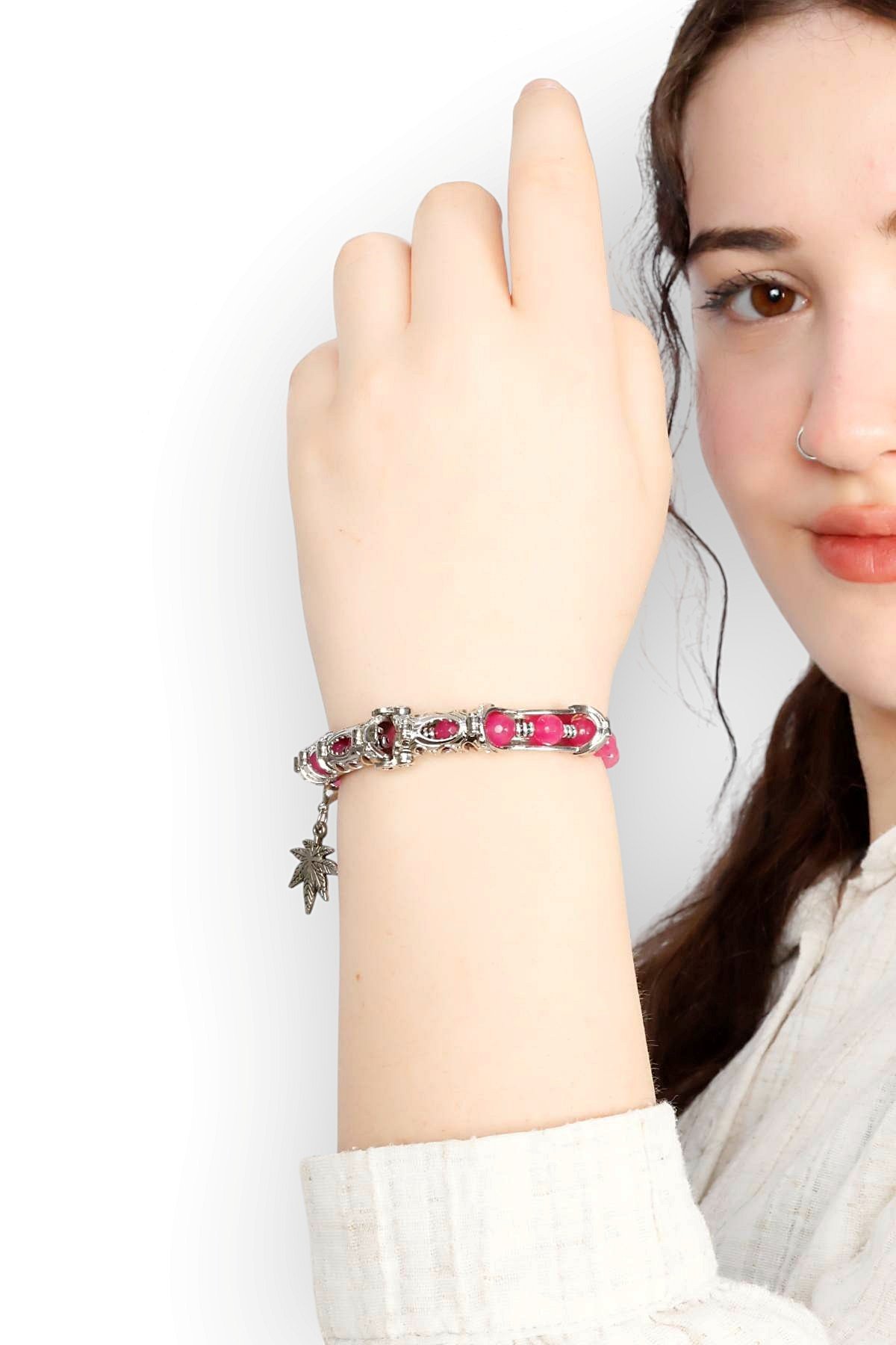 Multi Flex One  pembe Akik  taşı  Bileklik (ara boncuklu model)