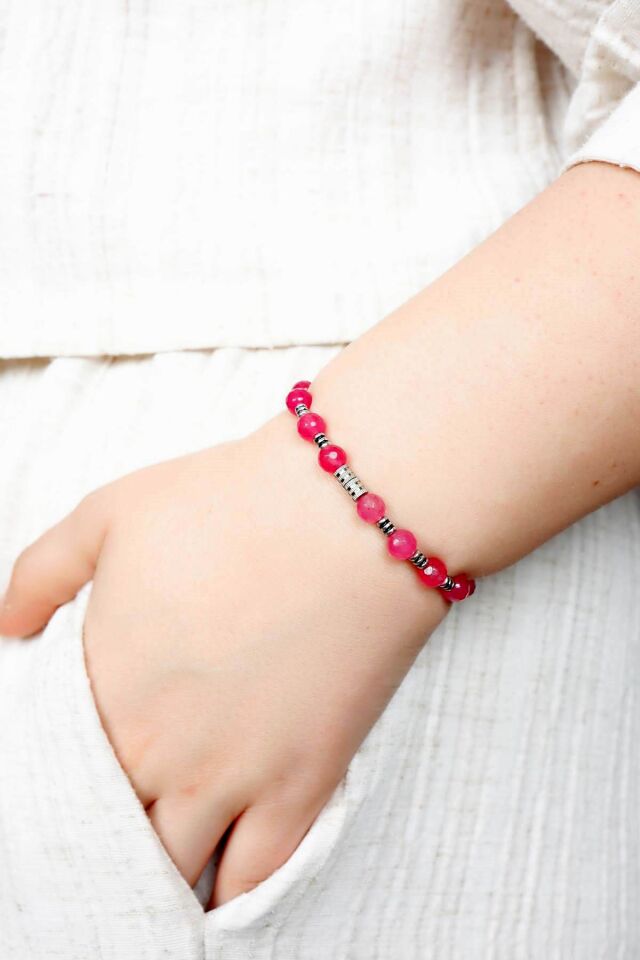Multi Flex One  pembe Akik  taşı  Bileklik (ara boncuklu model)