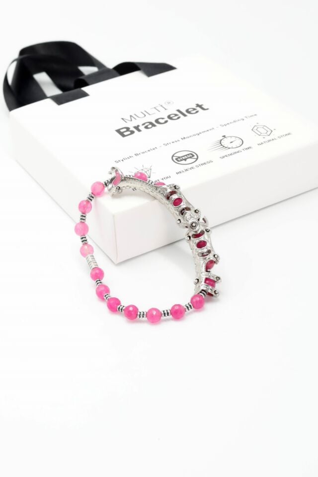 Multi Flex One  pembe Akik  taşı  Bileklik (ara boncuklu model)