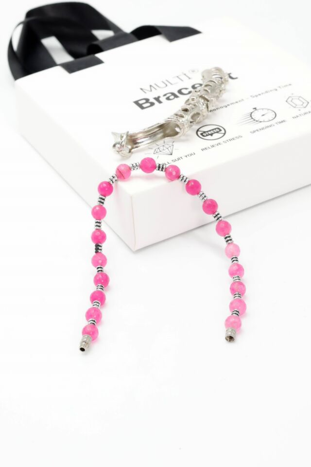 Multi Flex One  pembe Akik  taşı  Bileklik (ara boncuklu model)