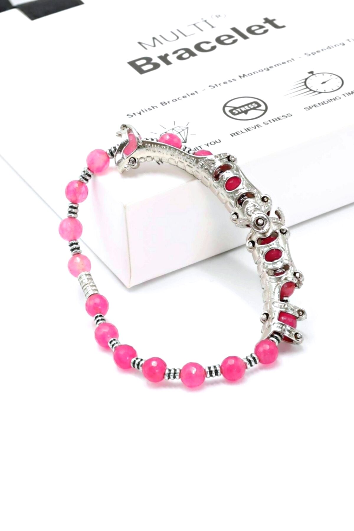 Multi Flex One  pembe Akik  taşı  Bileklik (ara boncuklu model)