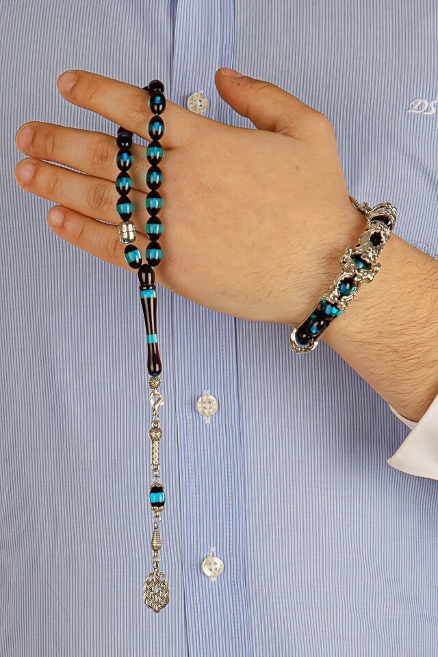 Mavi Sürmeli Toz Kehribar Multi Tespih