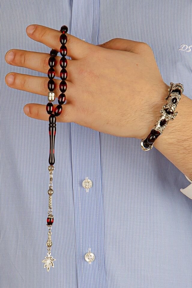 Kırmızı Sürmeli Toz Kehribar Multi Tespih