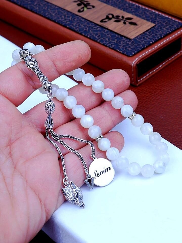 AY TAŞI KİŞİYE ÖZEL GÜMÜŞ TASARIMLI TESPİH