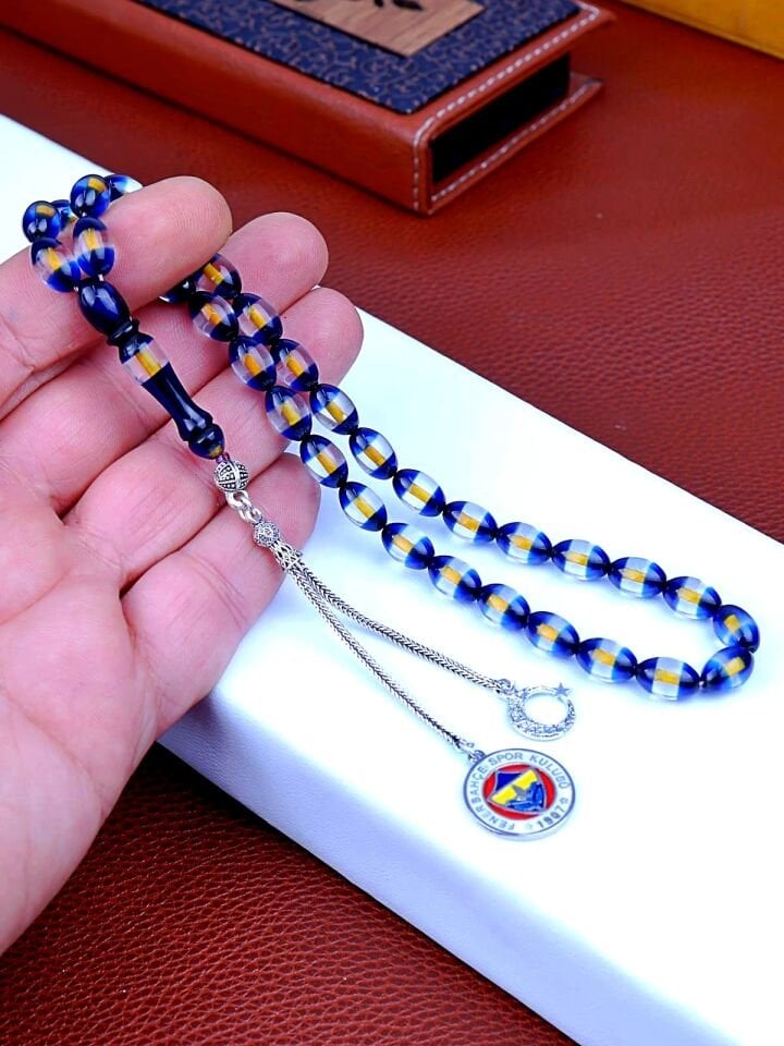 SARI LACİVERT SÜRMELİ KEHRİBAR GÜMÜŞ PÜSKÜLLÜ TESPİH