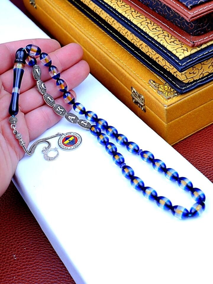 SARI LACİVERT SÜRMELİ KEHRİBAR İSİMLİ GÜMÜŞ PÜSKÜLLÜ TESPİH