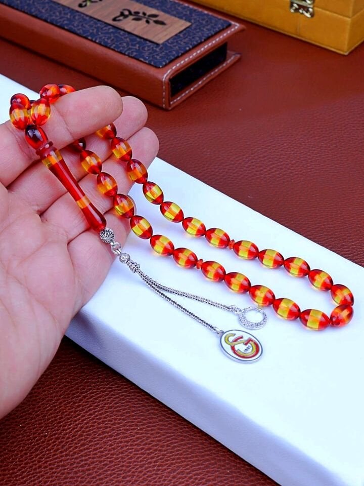 SARI KIRMIZI SÜRMELİ KEHRİBAR  GÜMÜŞ PÜSKÜLLÜ  TESPİH