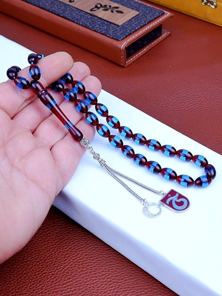 BORDO MAVİ SÜRMELİ KEHRİBAR GÜMÜŞ PÜSKÜLLÜ  TESPİH