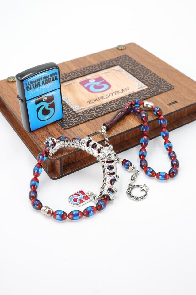 BORDO MAVİ SÜRMELİ KEHRİBAR MULTİ TESPİH + ZİPPO  ÇAKMAK