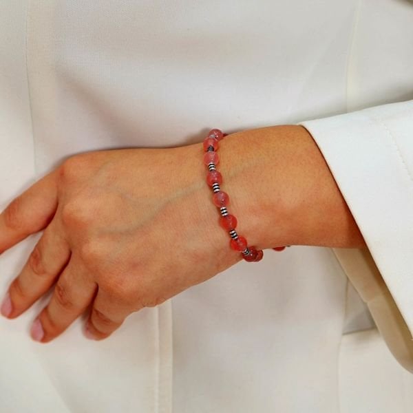 Pembe kuvars doğaltaş gümüş tasarımlı stres bilekliği