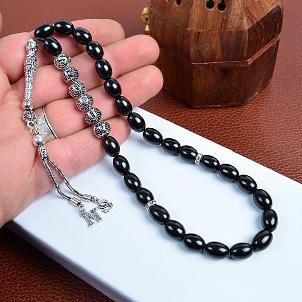 925 Ayar Gümüş püsküllü Oltu Taşı İsimli Tespih