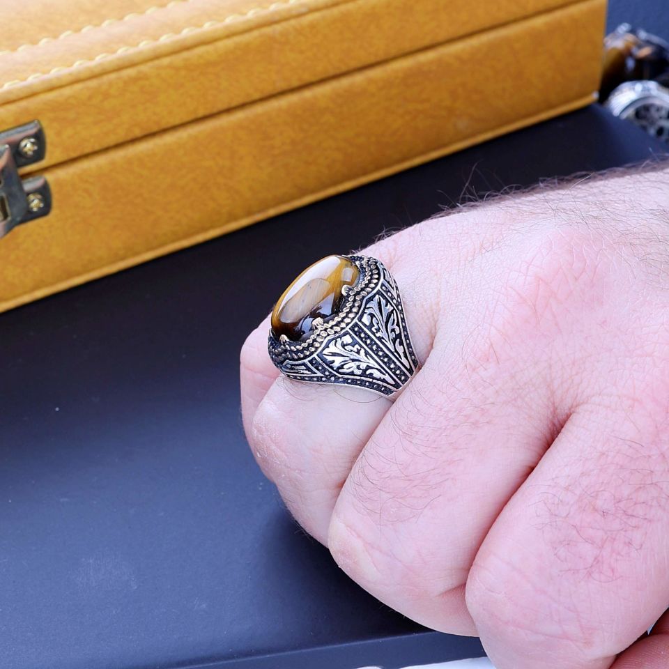 KAPLAN GÖZÜ TAŞI 925 AYAR GÜMÜŞ YÜZÜK 6