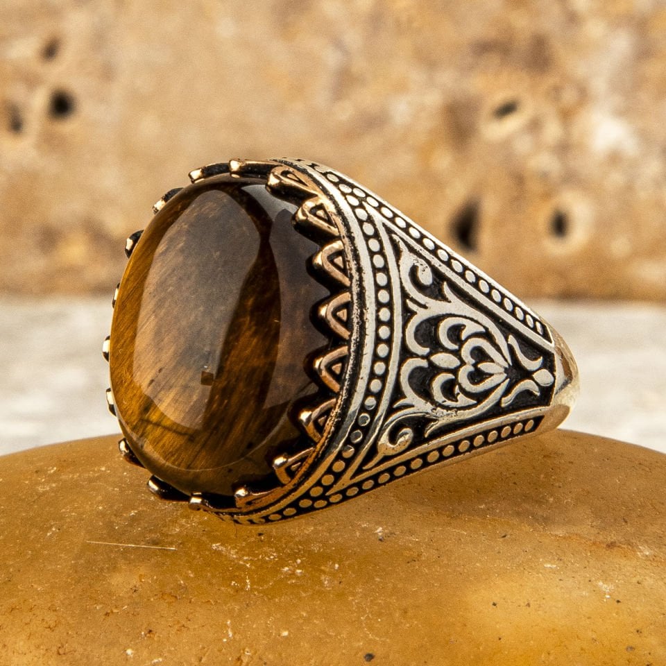 KAPLAN GÖZÜ TAŞI 925 AYAR GÜMÜŞ YÜZÜK 12