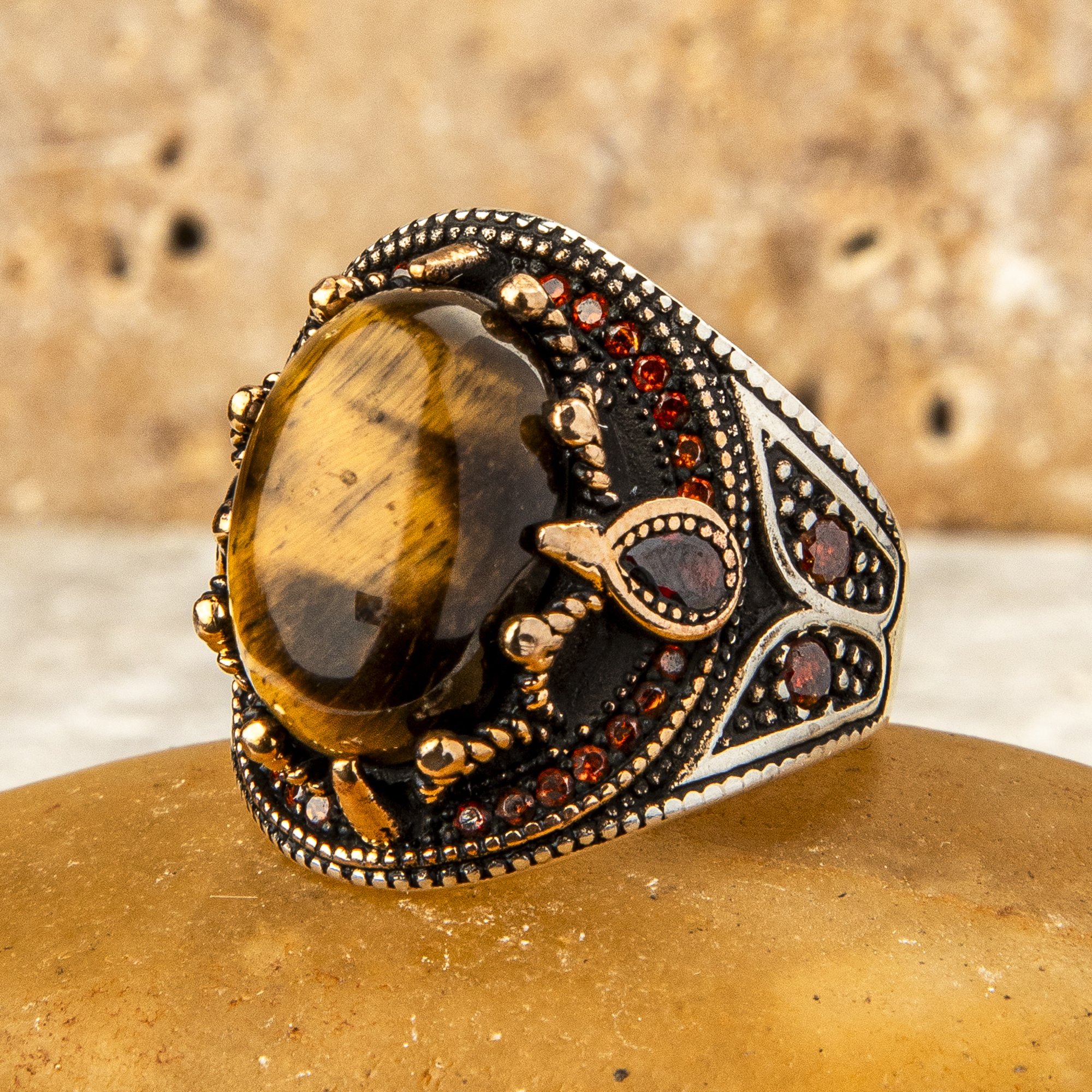 KAPLAN GÖZÜ TAŞI 925 AYAR GÜMÜŞ YÜZÜK 15