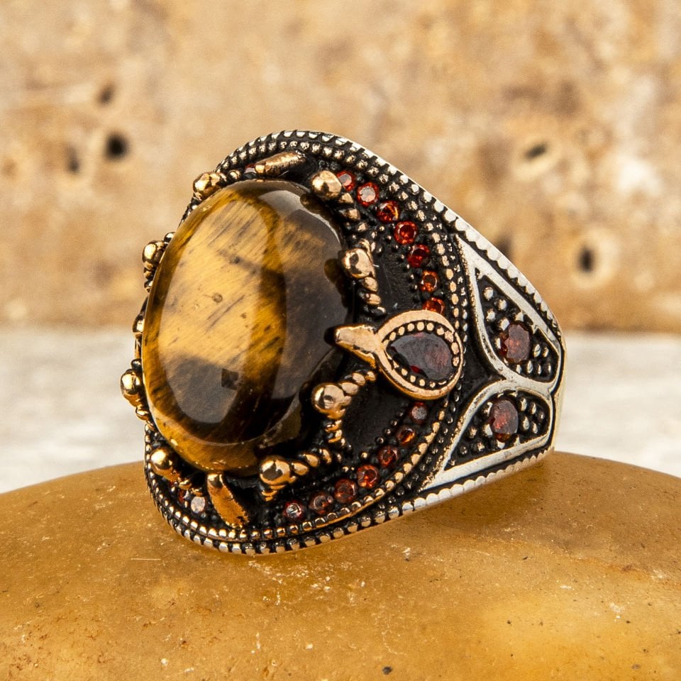 KAPLAN GÖZÜ TAŞI 925 AYAR GÜMÜŞ YÜZÜK 15