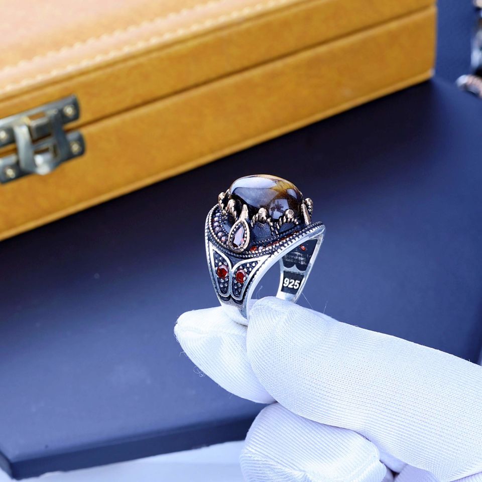 KAPLAN GÖZÜ TAŞI 925 AYAR GÜMÜŞ YÜZÜK 15