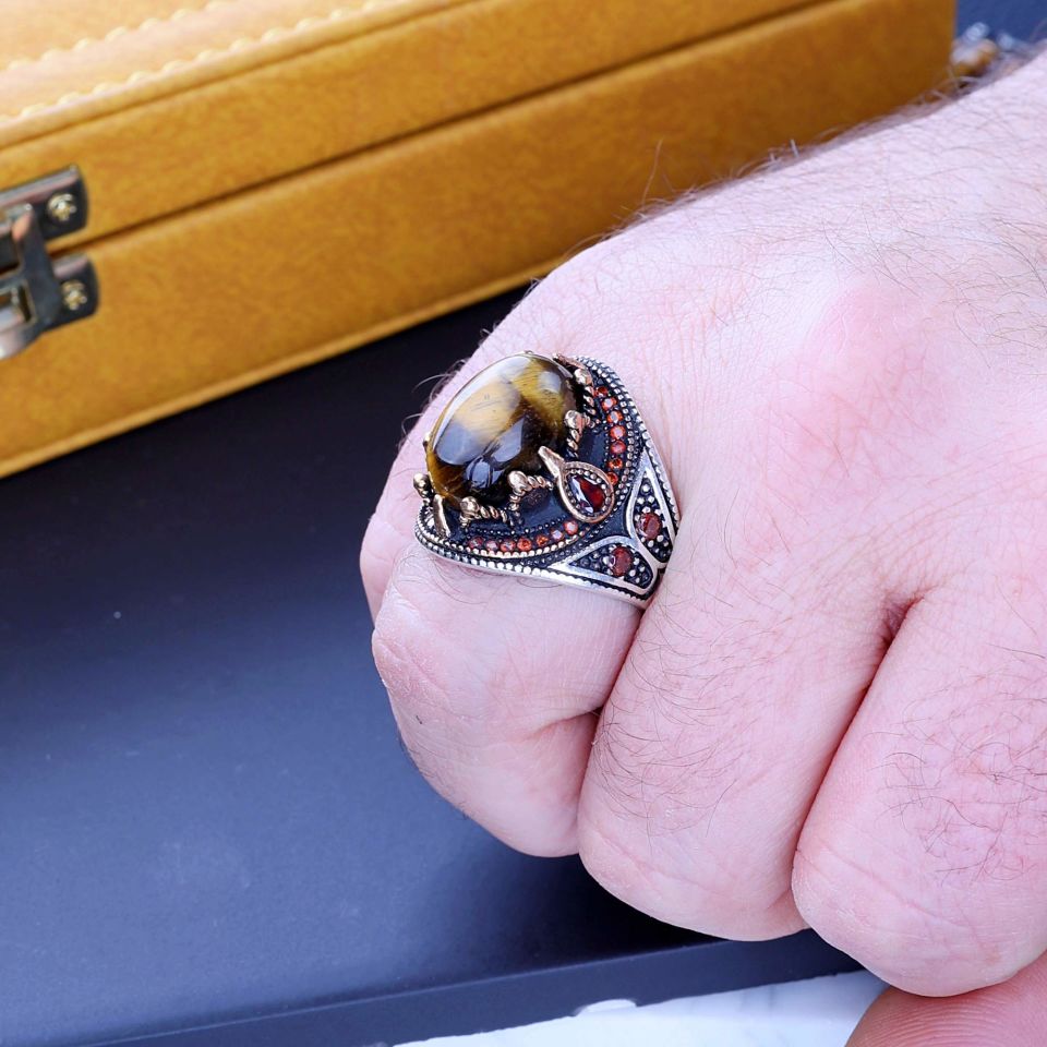 KAPLAN GÖZÜ TAŞI 925 AYAR GÜMÜŞ YÜZÜK 15