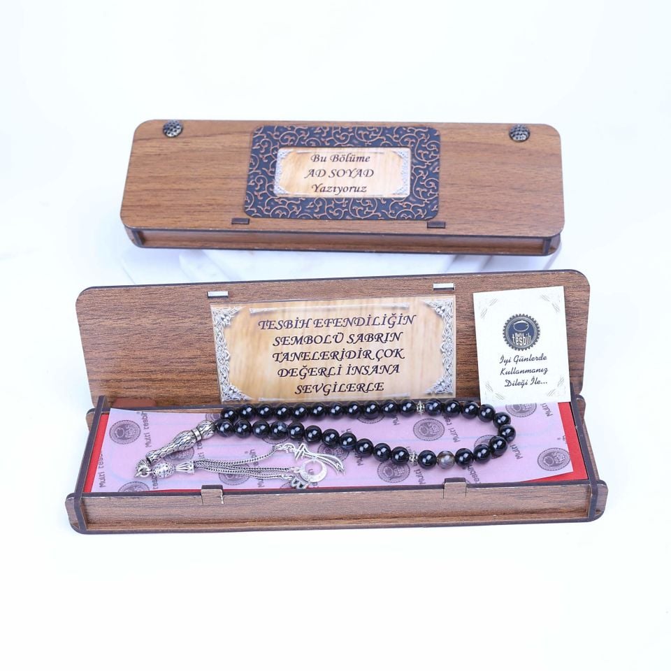 GÜMÜŞ PÜSKÜLLÜ SİYAH AKİK TAŞI TESPİH