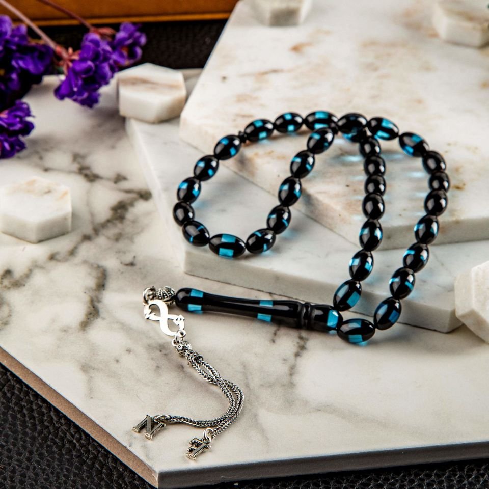 LACİVERT SÜRMELİ GÜMÜŞ PÜSKÜLLÜ İSİME ÖZEL TESPİH