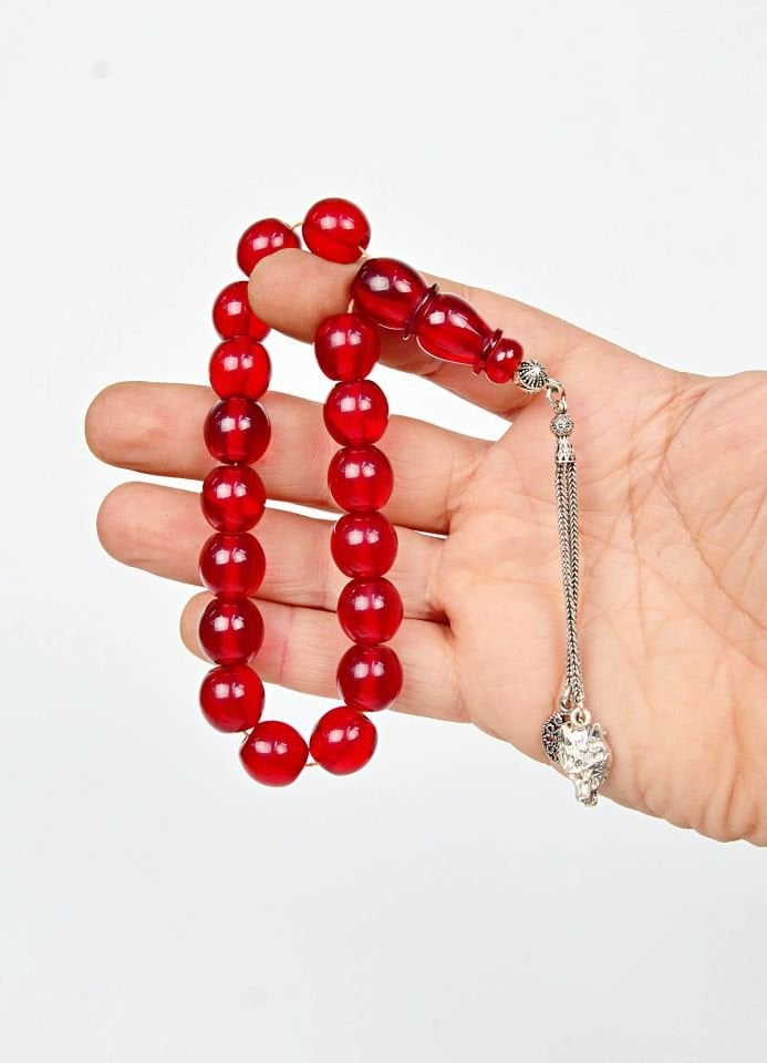 EFE BOY ATEŞ KEHRİBAR  GÜMÜŞ PÜSKÜLLÜ TASARIM TESPİH