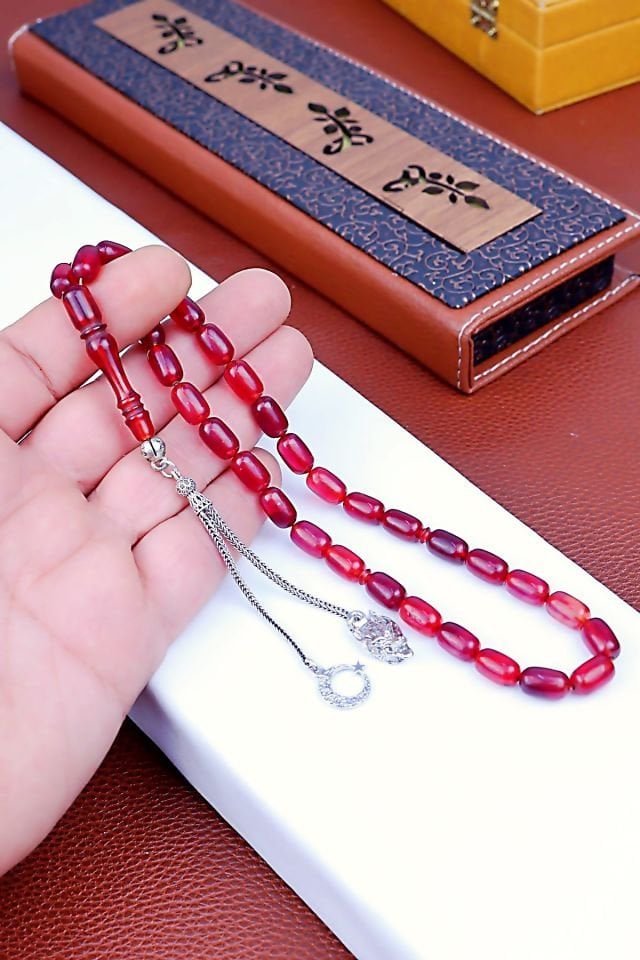 ATEŞ KEHRİBAR  GÜMÜŞ PÜSKÜLLÜ TASARIM TESPİH