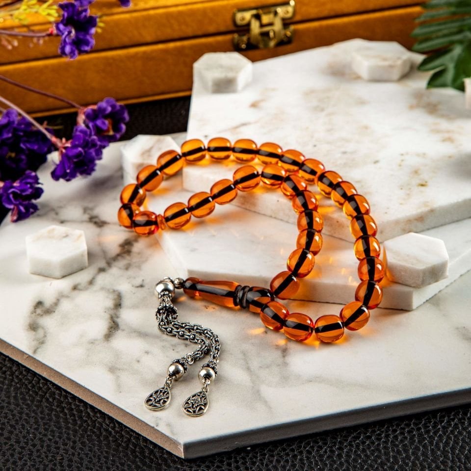 ATEŞ KEHRİBAR  GÜMÜŞ PÜSKÜLLÜ TASARIM TESPİH