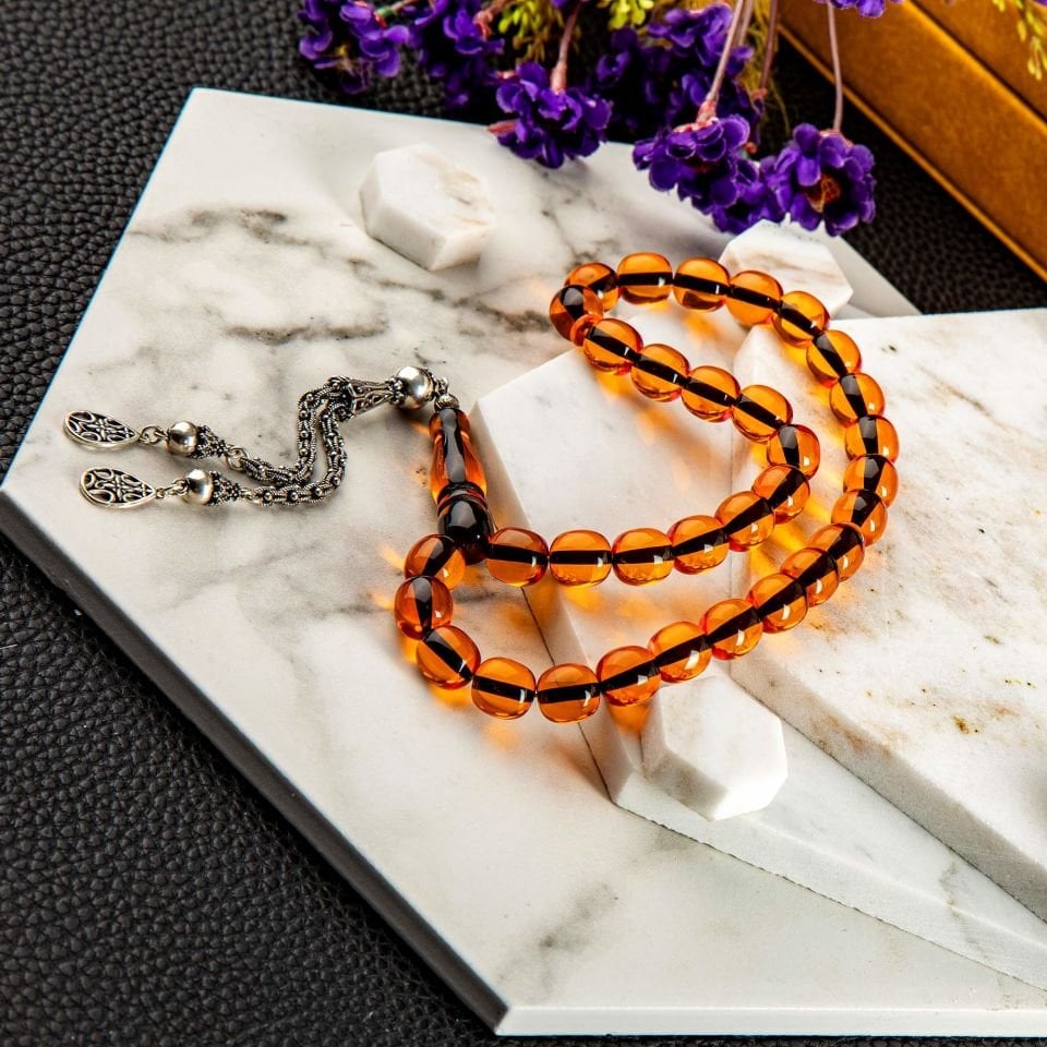 ATEŞ KEHRİBAR  GÜMÜŞ PÜSKÜLLÜ TASARIM TESPİH