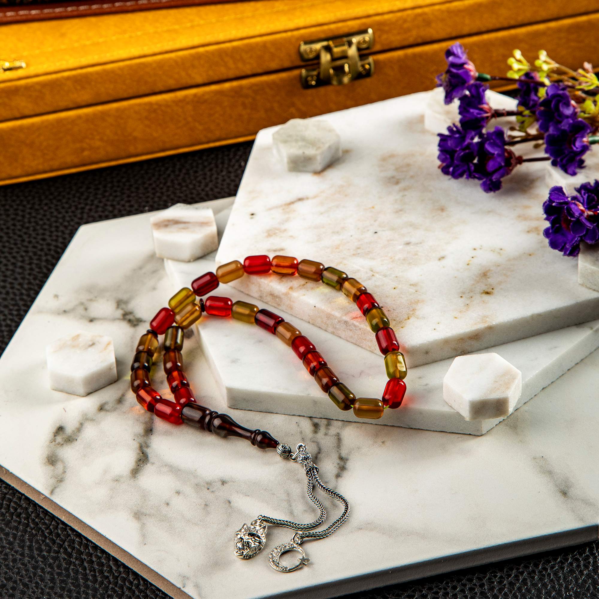 BONİBON ATEŞ KEHRİBAR  GÜMÜŞ PÜSKÜLLÜ TASARIM TESPİH