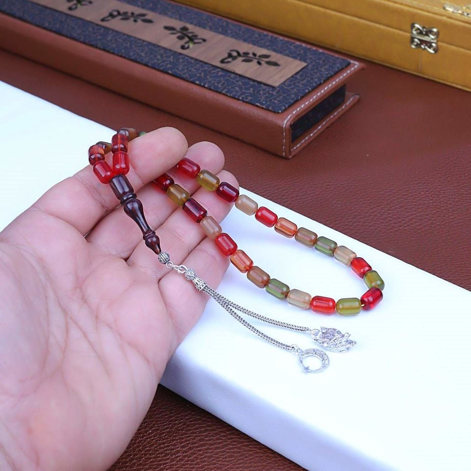 BONİBON ATEŞ KEHRİBAR  GÜMÜŞ PÜSKÜLLÜ TASARIM TESPİH