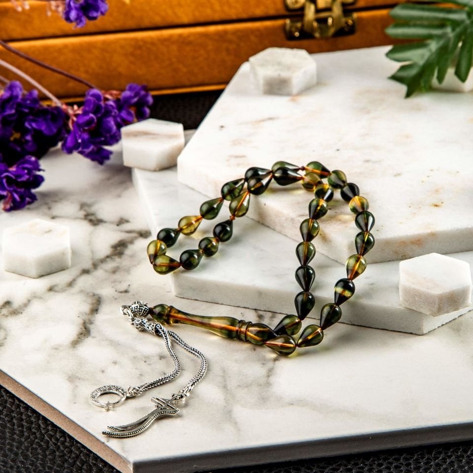 ATEŞ KEHRİBAR  GÜMÜŞ PÜSKÜLLÜ TASARIM TESPİH