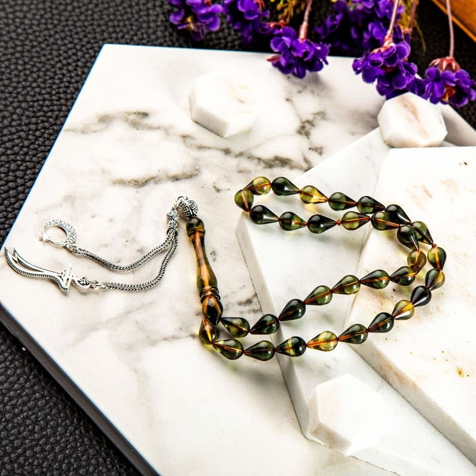 ATEŞ KEHRİBAR  GÜMÜŞ PÜSKÜLLÜ TASARIM TESPİH