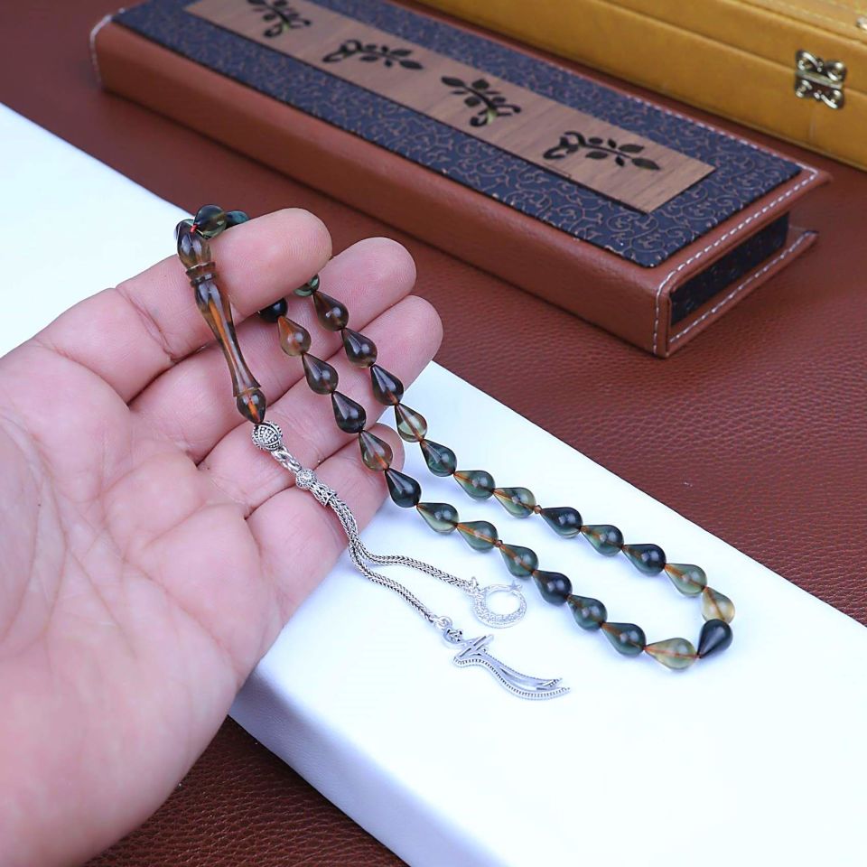 ATEŞ KEHRİBAR  GÜMÜŞ PÜSKÜLLÜ TASARIM TESPİH