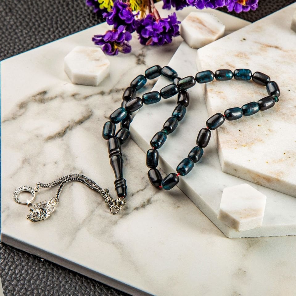 ATEŞ KEHRİBAR  GÜMÜŞ PÜSKÜLLÜ TASARIM TESPİH